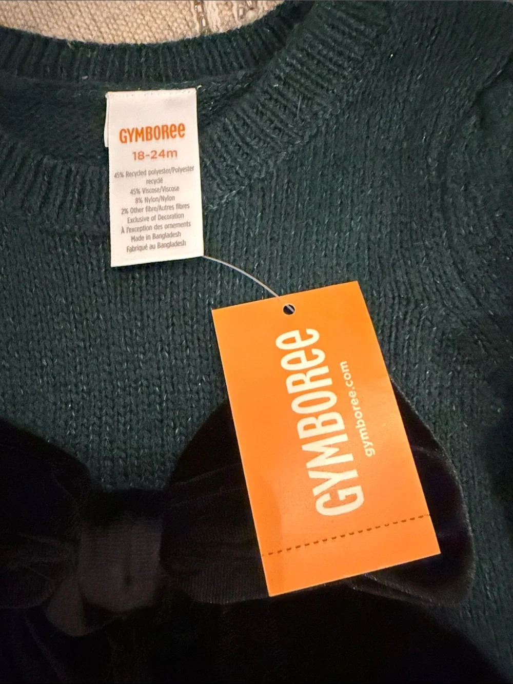 Gymboree Teal Green Knit Sweater with Black Velvet Bow